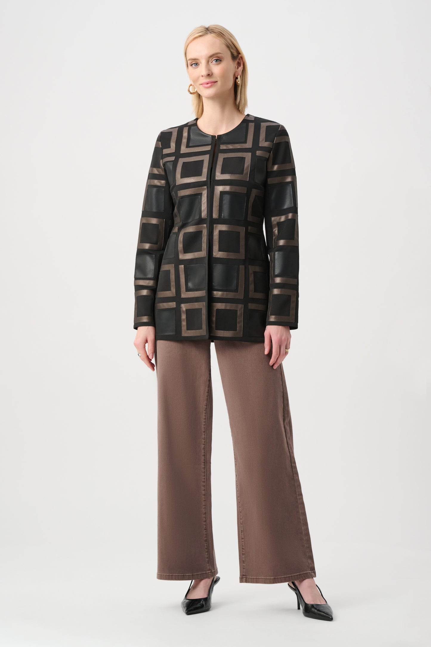 Leatherette and Scuba Collarless Two-Tone Jacket. Style JR263963