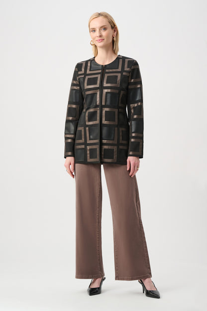 Leatherette and Scuba Collarless Two-Tone Jacket. Style JR263963