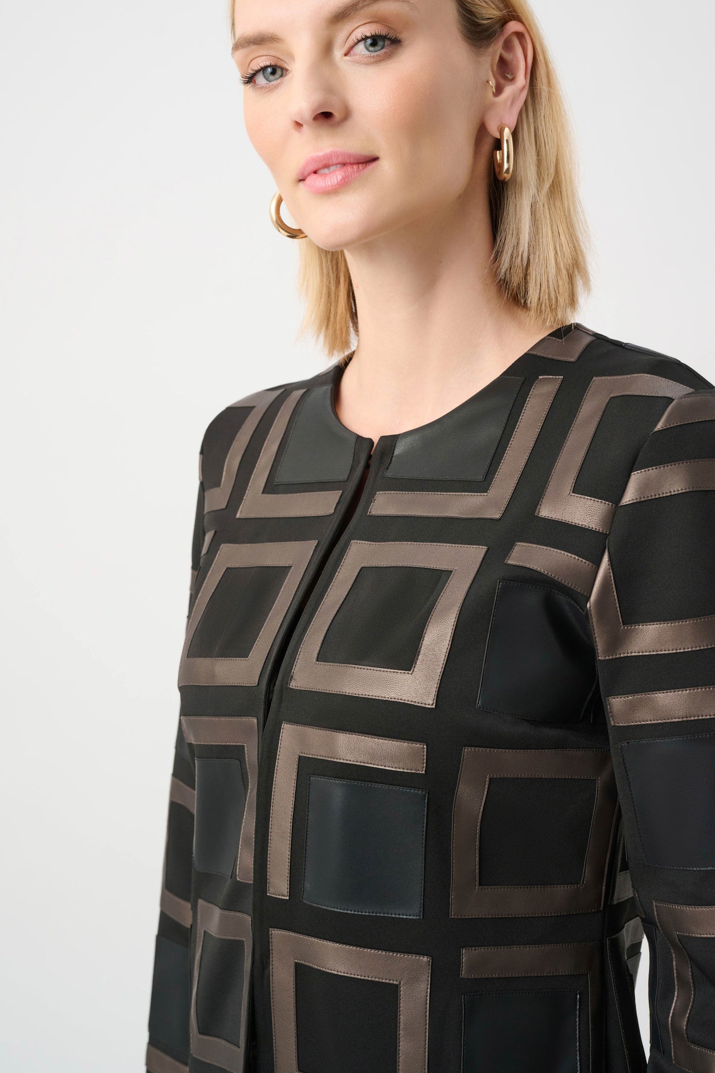 Leatherette and Scuba Collarless Two-Tone Jacket. Style JR263963