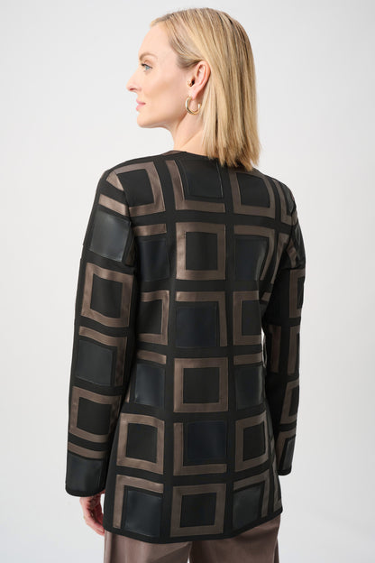 Leatherette and Scuba Collarless Two-Tone Jacket. Style JR263963