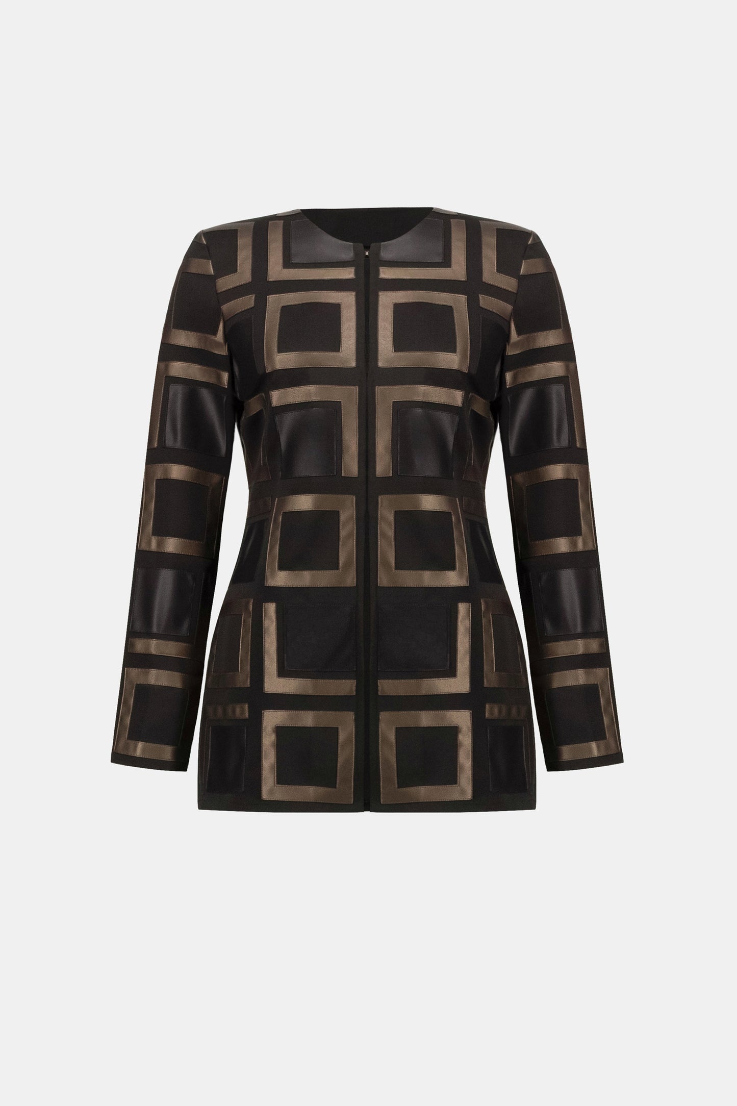 Leatherette and Scuba Collarless Two-Tone Jacket. Style JR263963