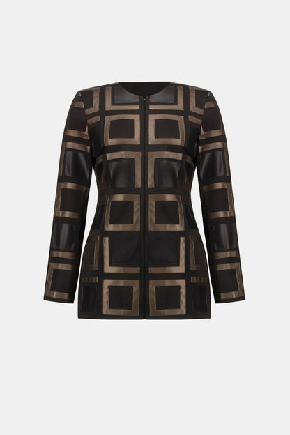 Leatherette and Scuba Collarless Two-Tone Jacket. Style JR263963