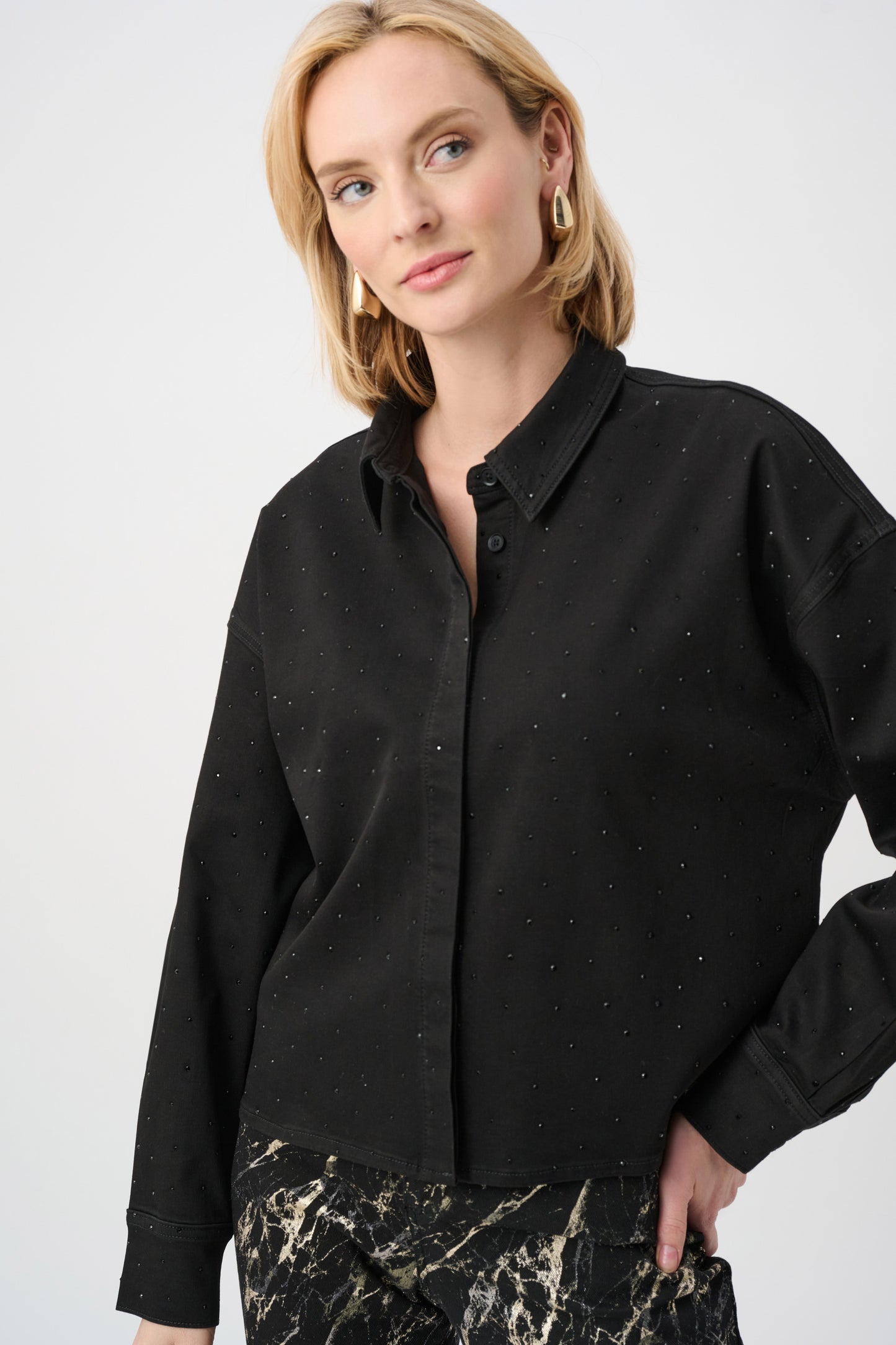 Featherweave Denim Cropped Rhinestone Detail Blouse. Style JR263965