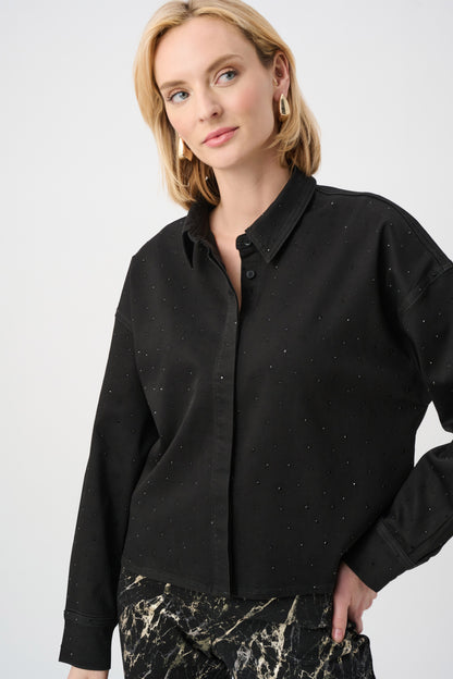 Featherweave Denim Cropped Rhinestone Detail Blouse. Style JR263965