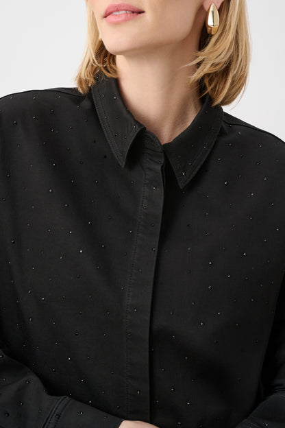 Featherweave Denim Cropped Rhinestone Detail Blouse. Style JR263965