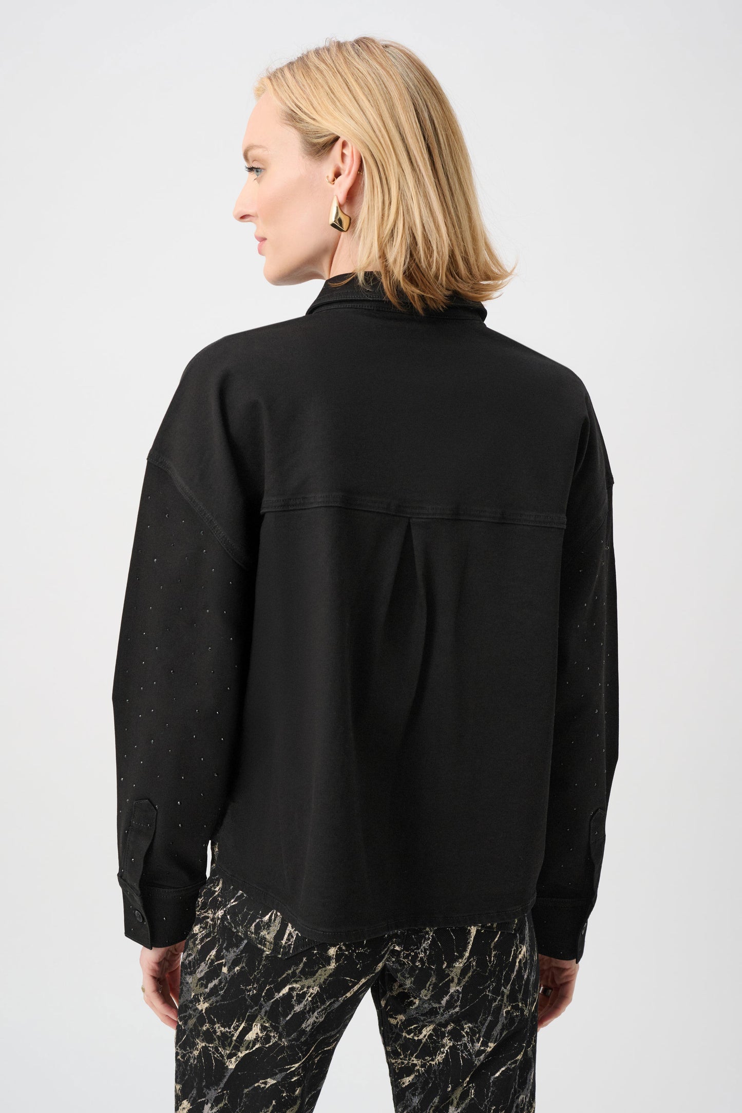 Featherweave Denim Cropped Rhinestone Detail Blouse. Style JR263965