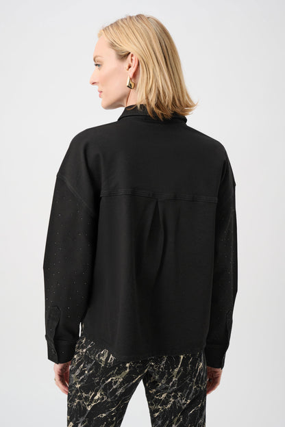 Featherweave Denim Cropped Rhinestone Detail Blouse. Style JR263965