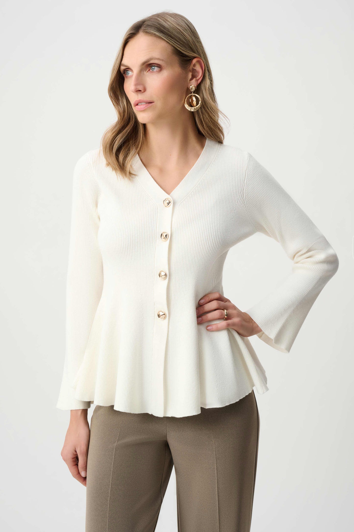 Cotton Knit Fit And Flare Peplum Cardigan. Style JR263968