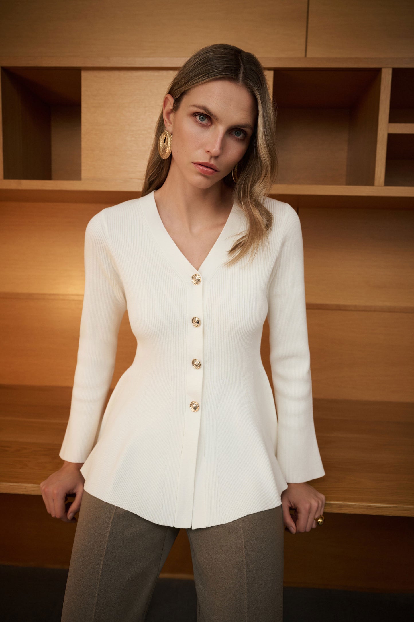 Cotton Knit Fit And Flare Peplum Cardigan. Style JR263968