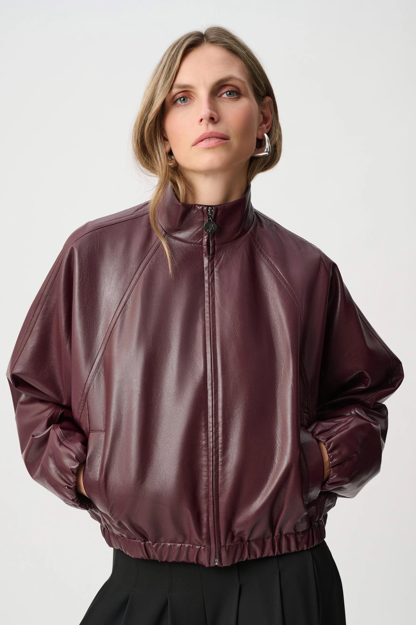 Leatherette Mock-Neck Bomber Jacket. Style JR263971