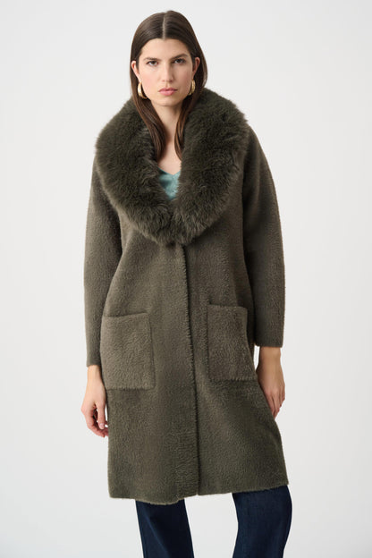 Detachable Faux Fur Collar Long Knitted Coat. Style JR263973