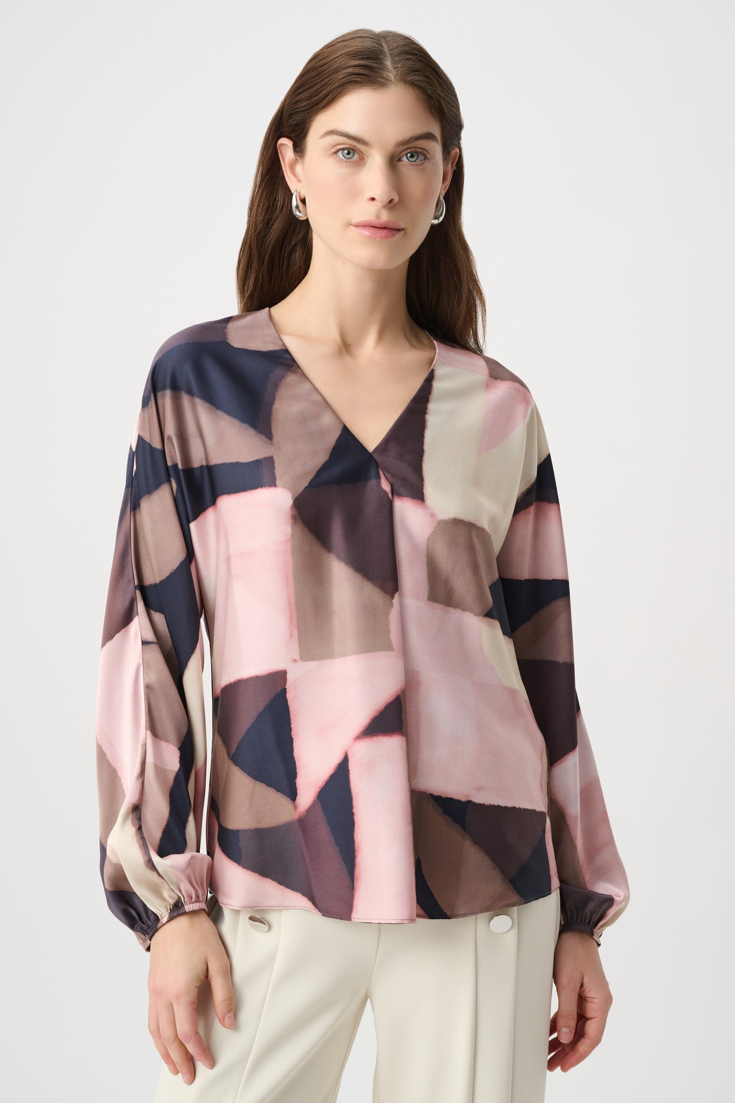 Satin Elastic Cuffs Front Pleat V-Neck Top. Style JR264197