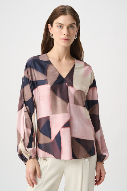 Satin Elastic Cuffs Front Pleat V-Neck Top. Style JR264197