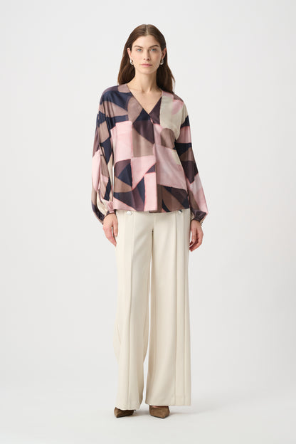 Satin Elastic Cuffs Front Pleat V-Neck Top. Style JR264197