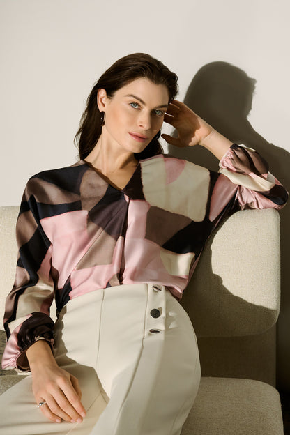 Satin Elastic Cuffs Front Pleat V-Neck Top. Style JR264197