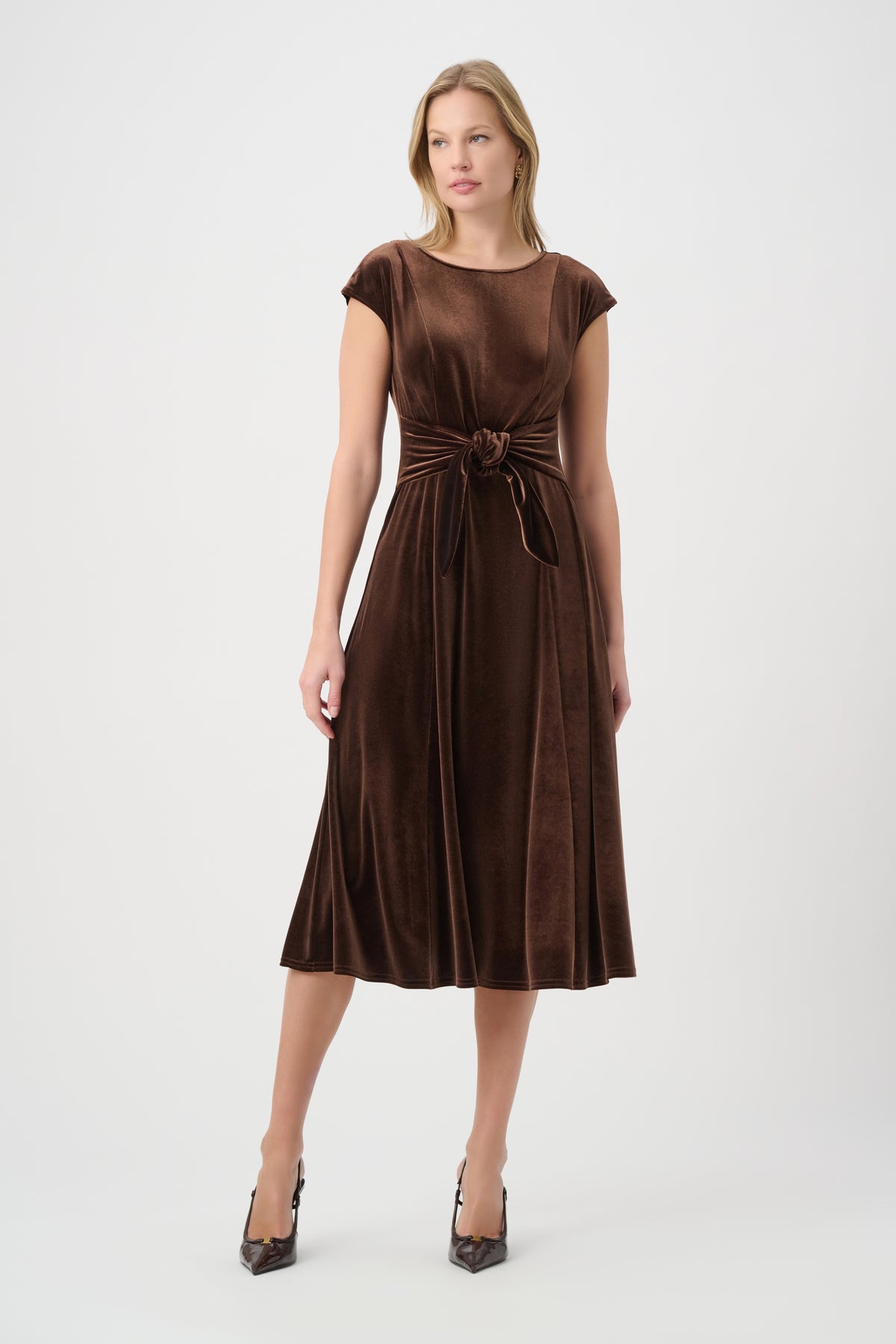Velvet Fit & Flare Belted Dress. Style JR264209