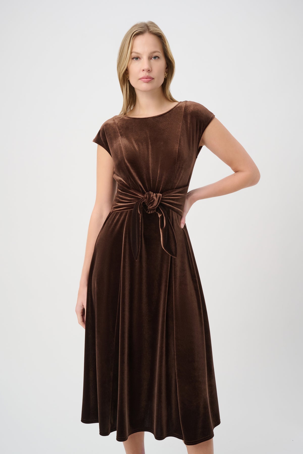 Velvet Fit & Flare Belted Dress. Style JR264209