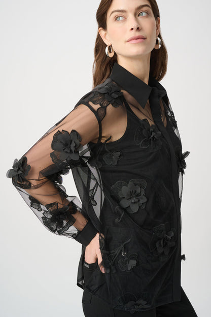 Sheer Textured Flower Appliqué Button Placket Blouse. Style JR264945