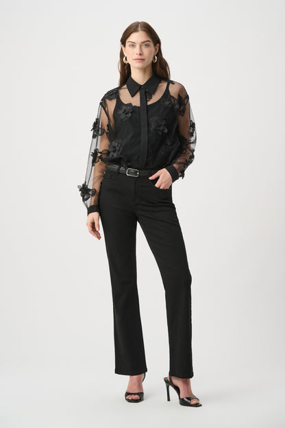 Sheer Textured Flower Appliqué Button Placket Blouse. Style JR264945