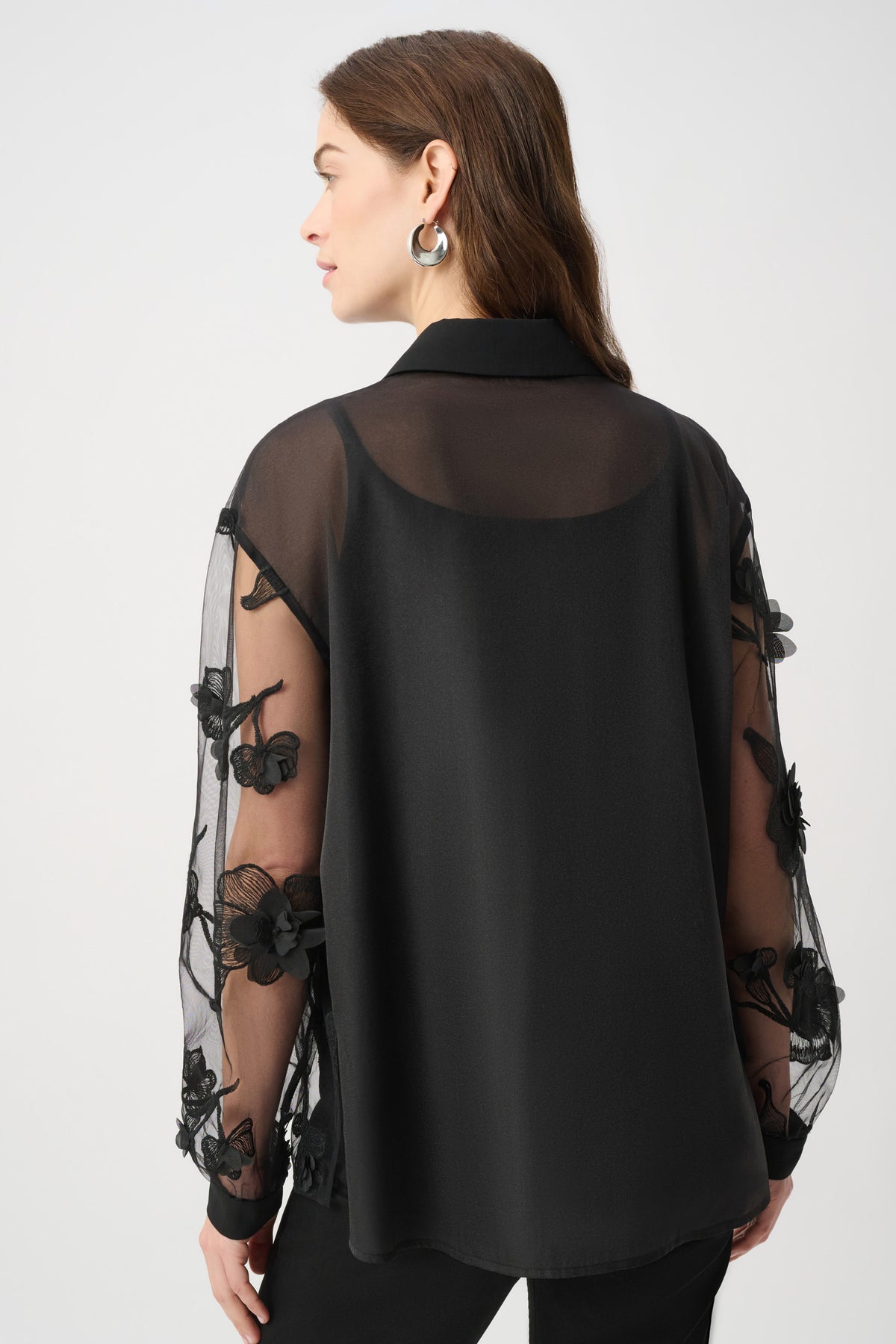Sheer Textured Flower Appliqué Button Placket Blouse. Style JR264945