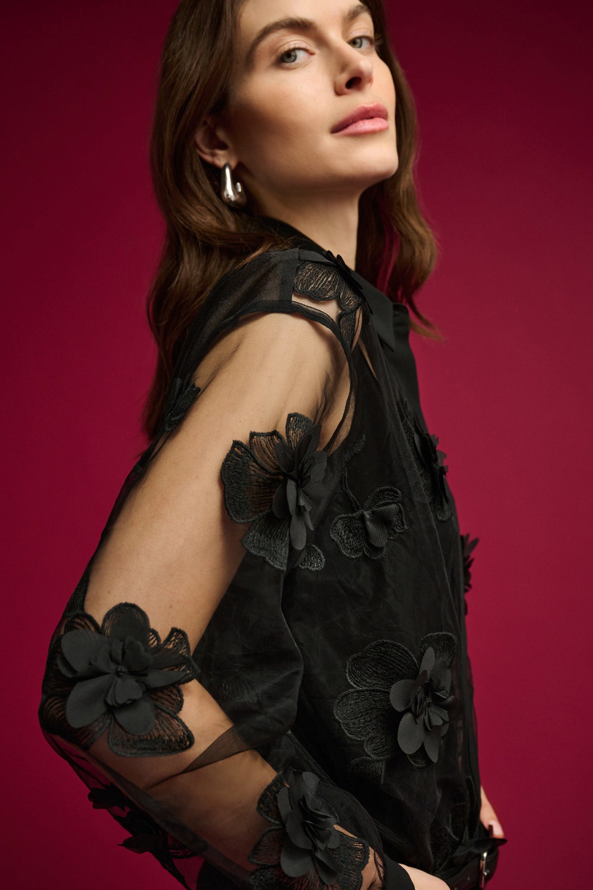 Sheer Textured Flower Appliqué Button Placket Blouse. Style JR264945