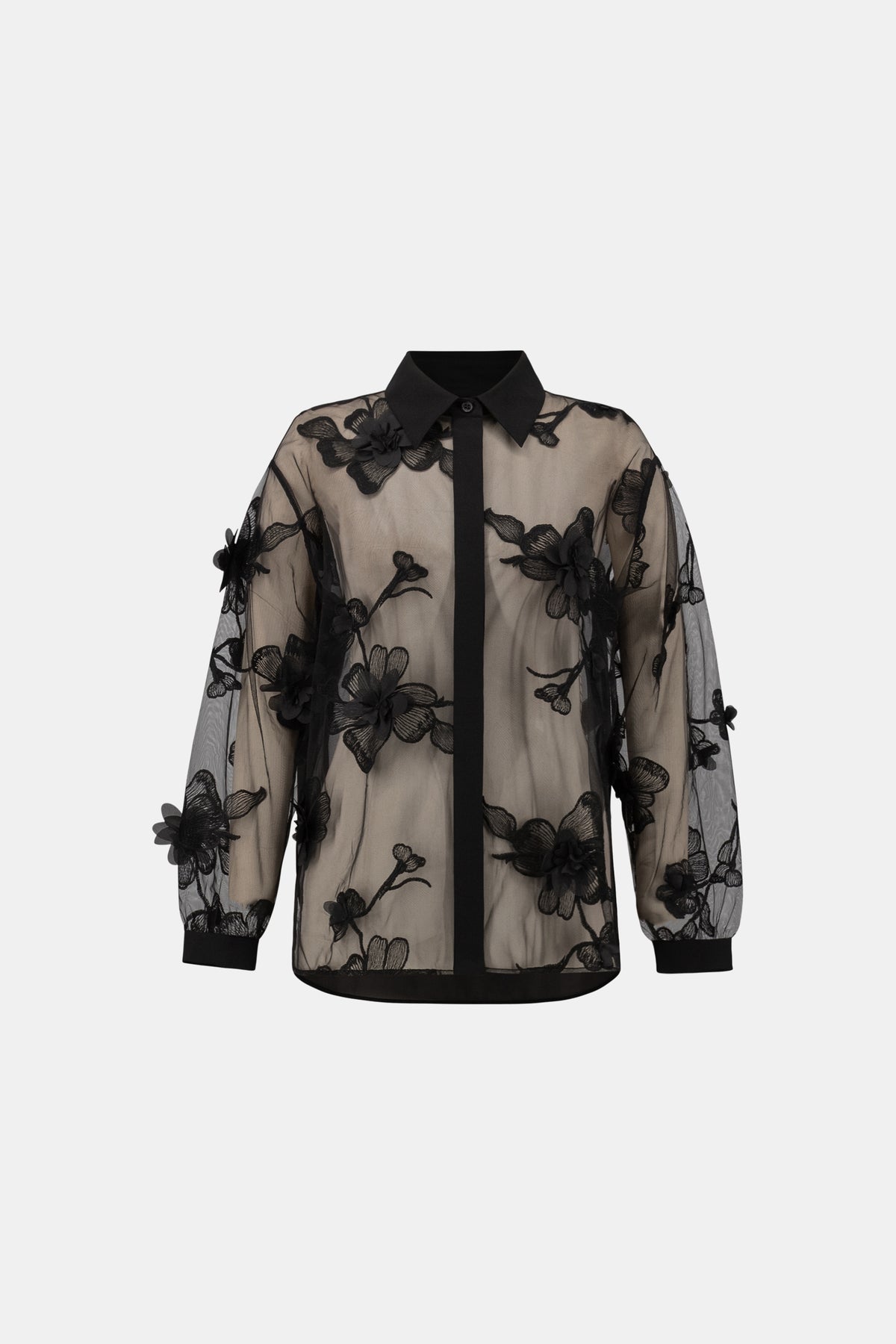 Sheer Textured Flower Appliqué Button Placket Blouse. Style JR264945