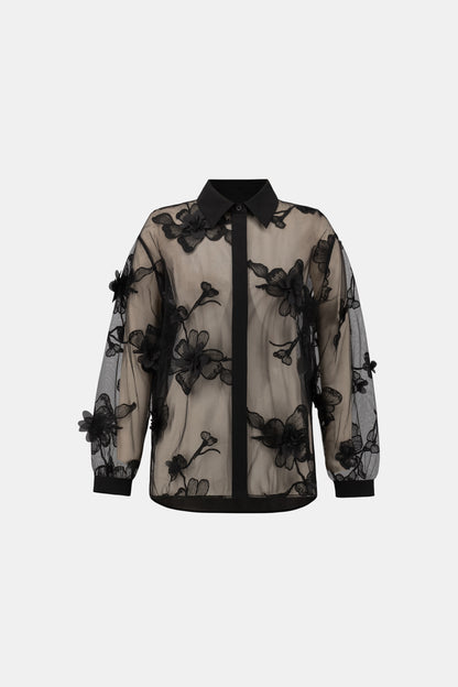 Sheer Textured Flower Appliqué Button Placket Blouse. Style JR264945