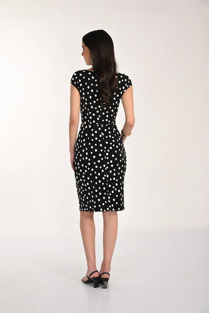 Cowl Neck Polka Dot Fitted Midi Dress. Style FL266103