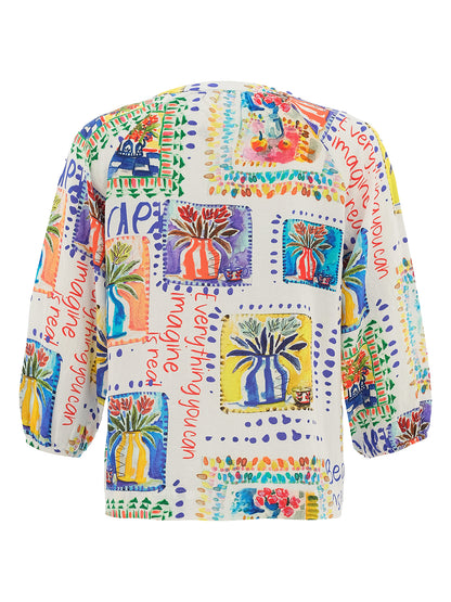 "My Handmade Garden" Artist Print Elastic Cuffs & Button Front Top. Style DOLC26624