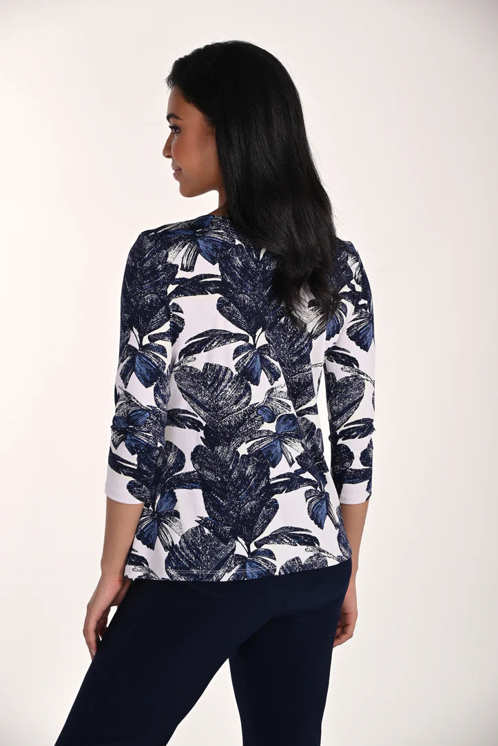 Abstract Leaf Print Boat Neck 3/4 Sleeve Top. Style FL266341