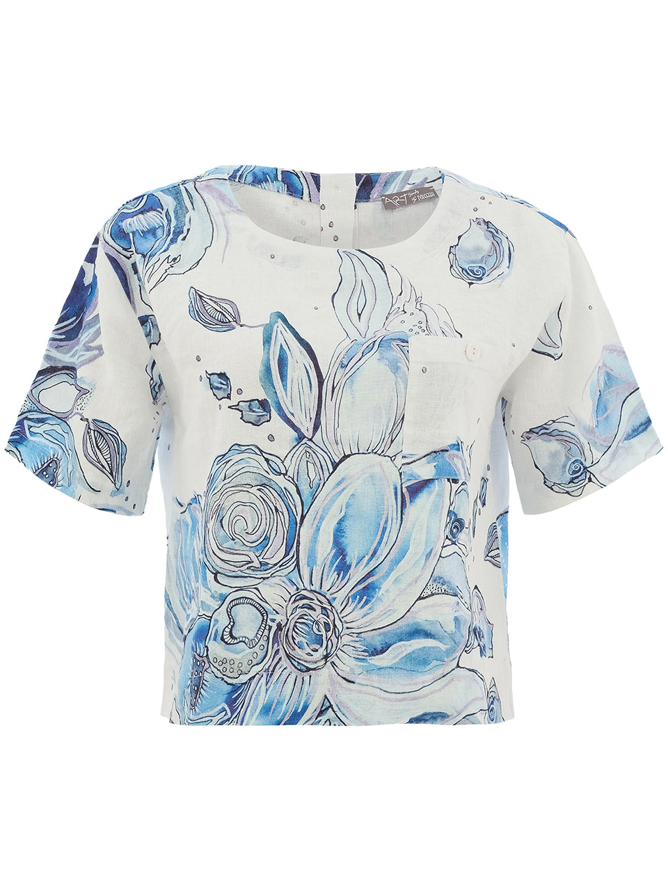 "Blue Flowers" Artist Print Button Up Back Short Sleeve Top. Style DOLC26650