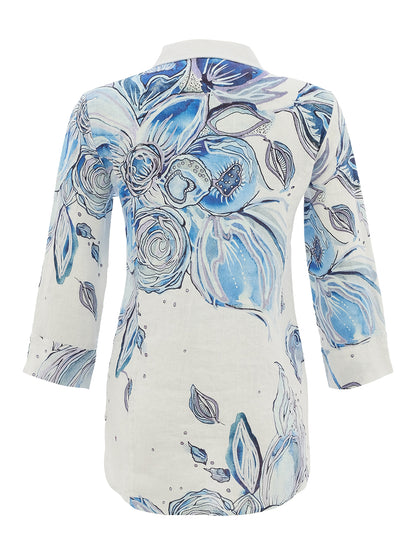 "Blue Flowers" Artist Print Button Up Blouse. Style DOLC26652