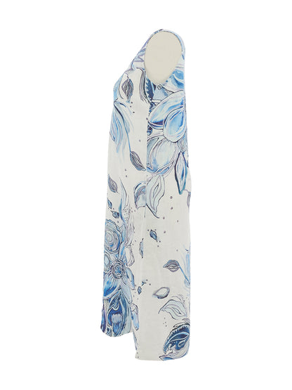"Blue Flowers" Artist Print V-Neck Sleeveless Dress. Style DOLC26654