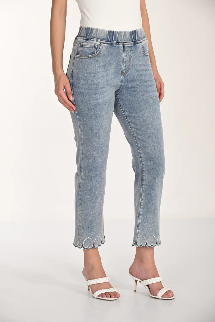 Pull-On Rhinestone Heart Scalloped Hem Cropped Jean. Style FL266558