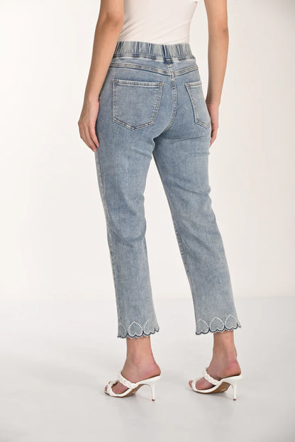 Pull-On Rhinestone Heart Scalloped Hem Cropped Jean. Style FL266558