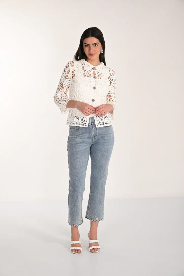 Pull-On Rhinestone Heart Scalloped Hem Cropped Jean. Style FL266558