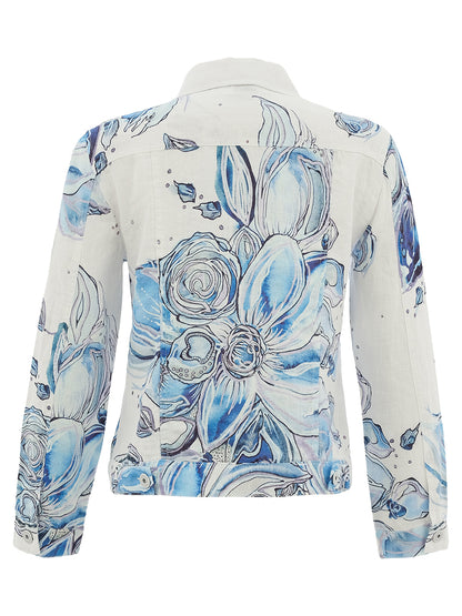 "Blue Flowers" Artist Print Structured Linen Jacket. Style DOLC26657