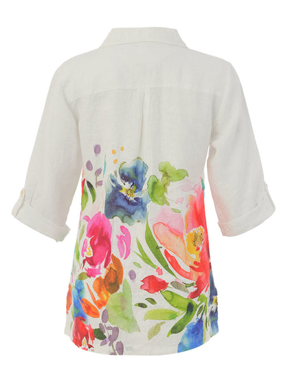 "Spring Delight" Artist Print 3/4 Roll-Up Sleeves Blouse. Style DOLC26702