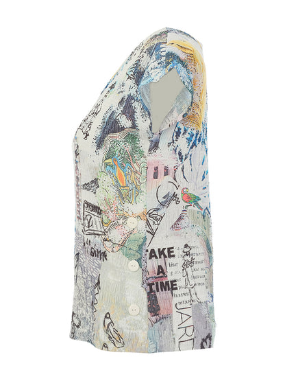 "Collage 46" Artist Print Short Sleeve Crinkled Fabric Top. Style DOLC26742