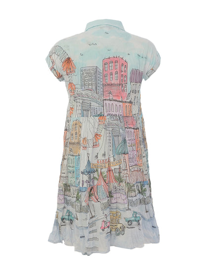 "City Circus" Artist Print Button Front Short Sleeve Dress. Style DOLC26763