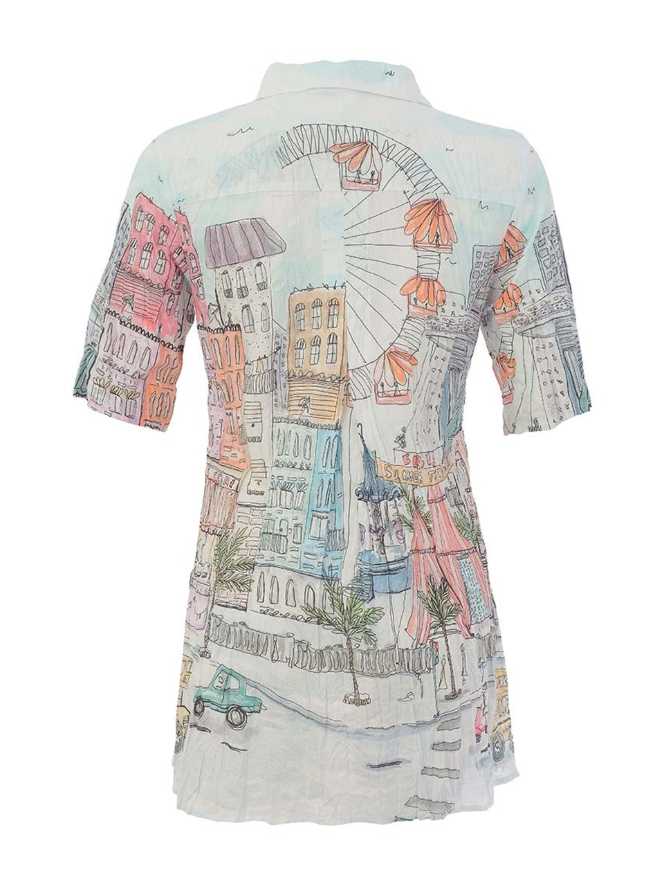 "City Circus" Artist Print Button Front Short Sleeve Blouse. Style DOLC26767