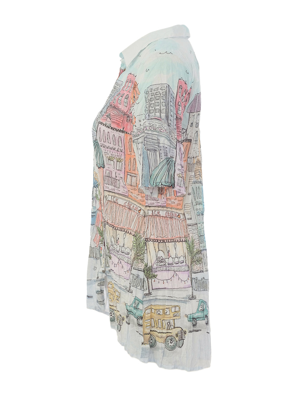 "City Circus" Artist Print Button Front Short Sleeve Blouse. Style DOLC26767