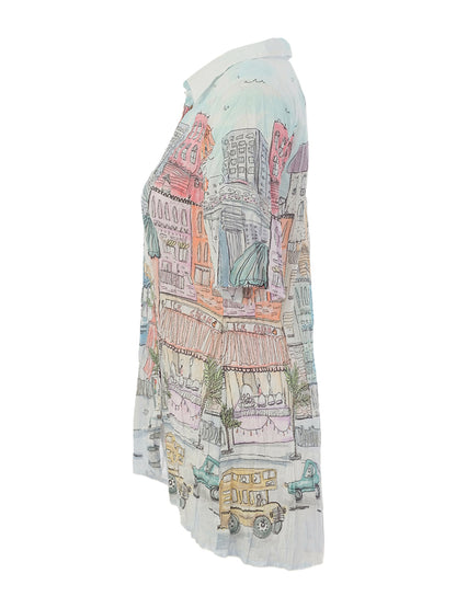 "City Circus" Artist Print Button Front Short Sleeve Blouse. Style DOLC26767