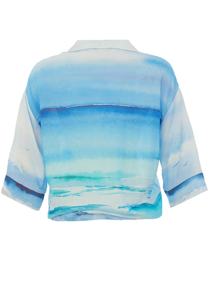 "Seascape 1" Artist Print Button Front Tie Bottom Blouse. Style DOLC26813