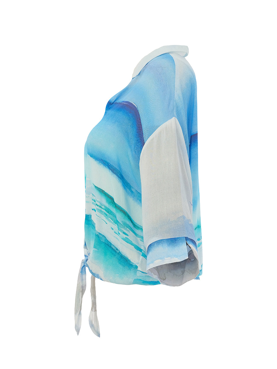 "Seascape 1" Artist Print Button Front Tie Bottom Blouse. Style DOLC26813