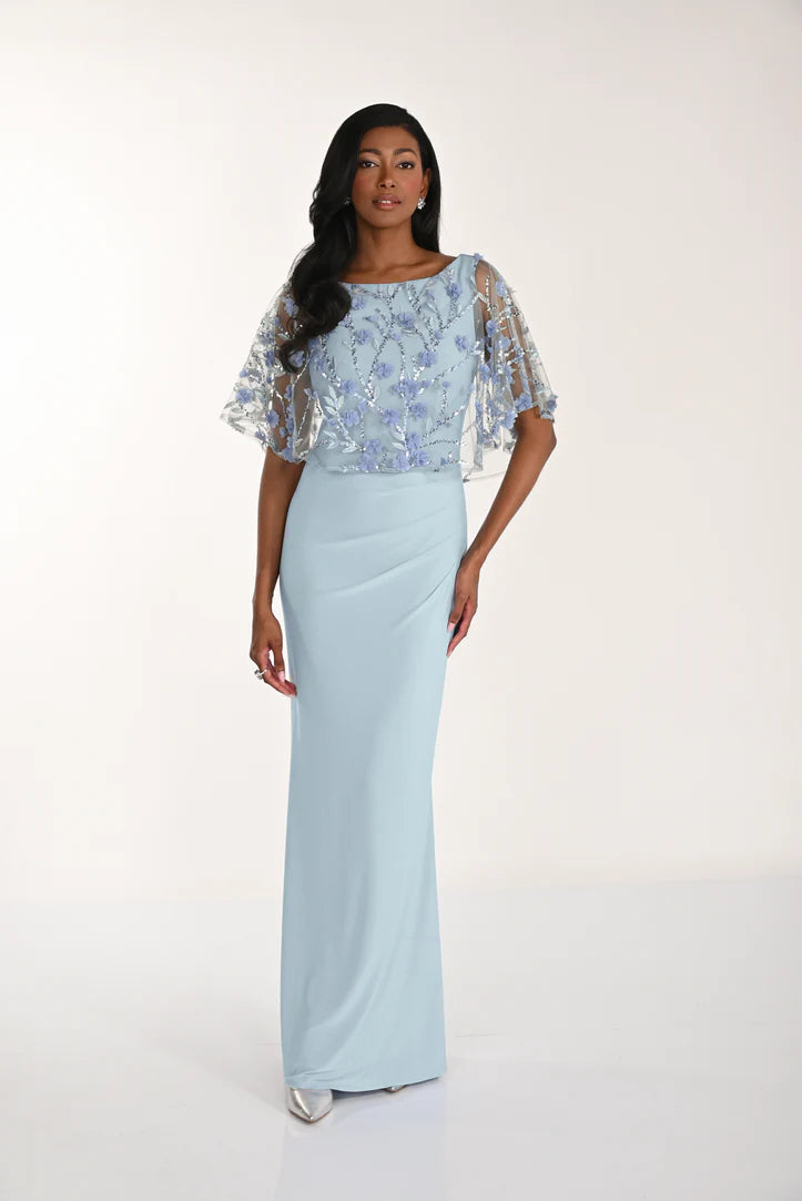 Mesh Sequin & Floral Details Cape Maxi Length Dress. Style FL268175