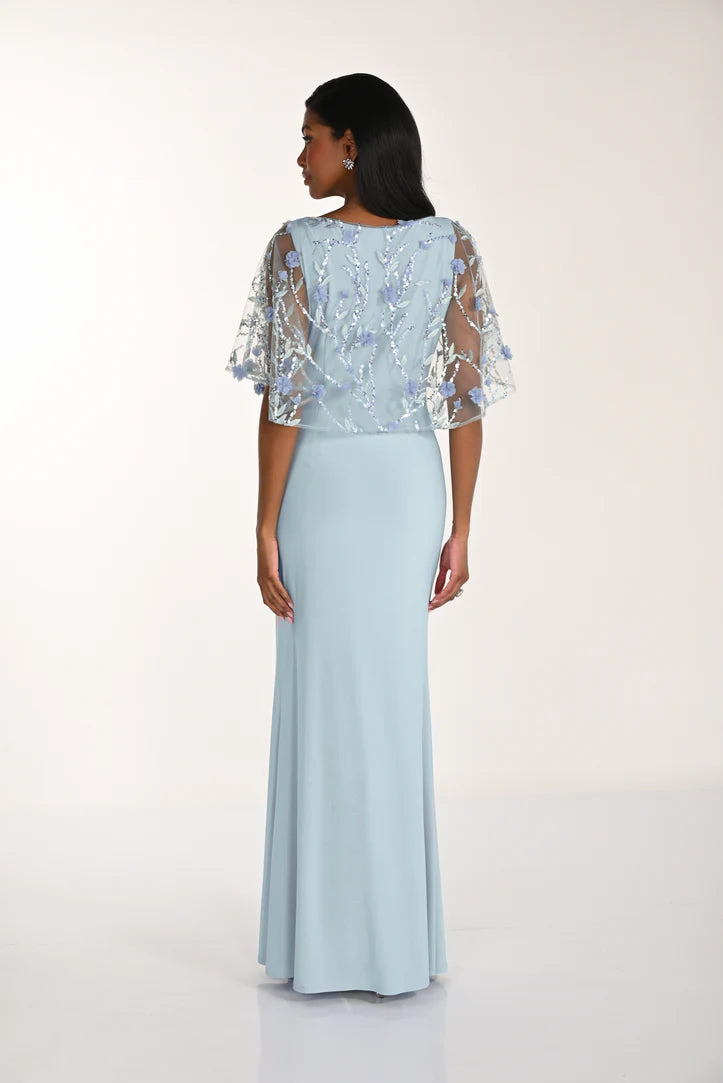 Mesh Sequin & Floral Details Cape Maxi Length Dress. Style FL268175