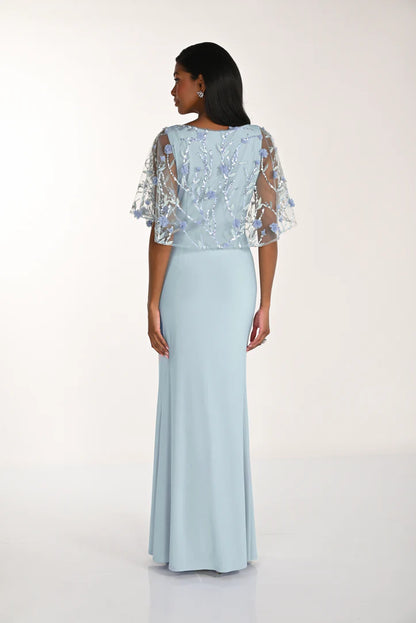 Mesh Sequin & Floral Details Cape Maxi Length Dress. Style FL268175