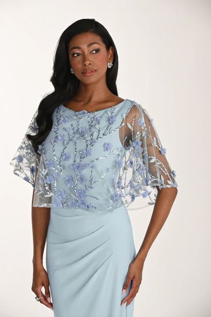 Mesh Sequin & Floral Details Cape Maxi Length Dress. Style FL268175
