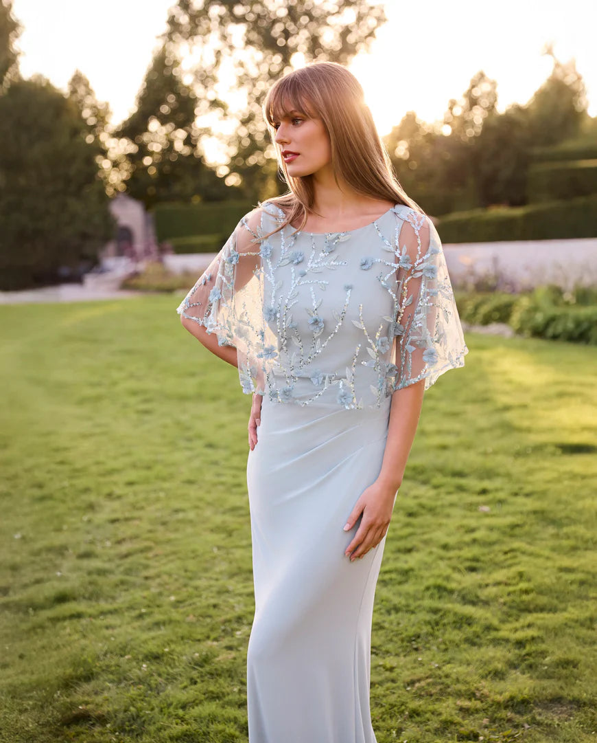 Mesh Sequin & Floral Details Cape Maxi Length Dress. Style FL268175